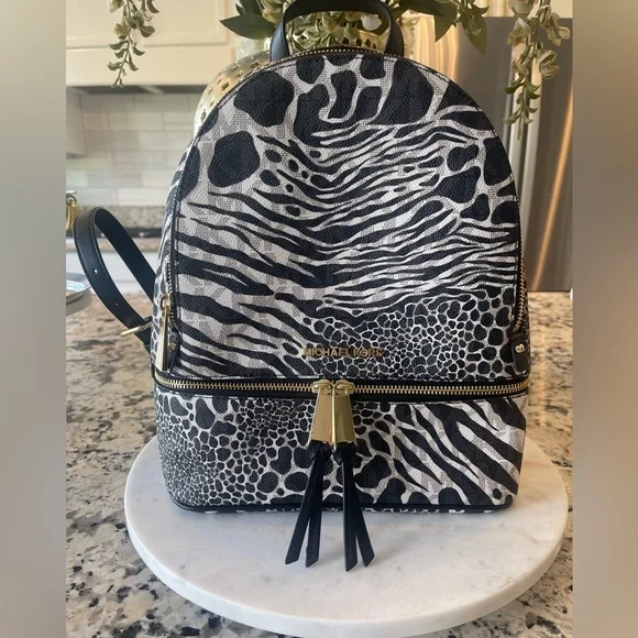 Michael Kors RheaBlack White MK Signature Zebra Medium Backpack